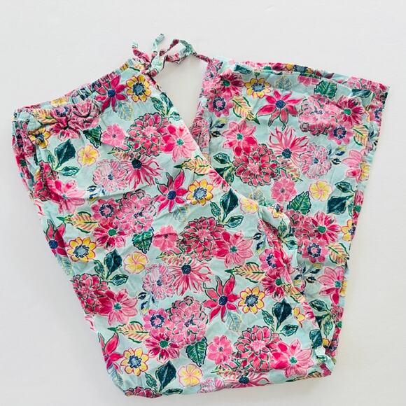 Mahogany Floral Drawcord Pajama Pants Pink Blue XL Wide Leg 100% Cotton India - Picture 2 of 7